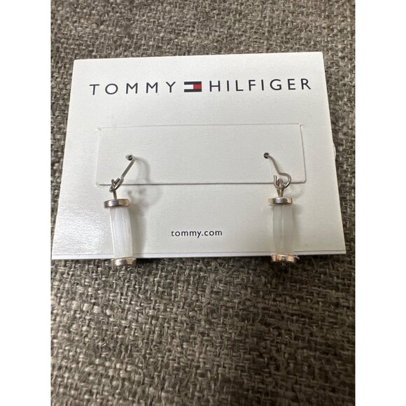 Tommy Hilfiger Silver Tone & White Drop Pierced Earrings Womens Fashion - Picture 1 of 3